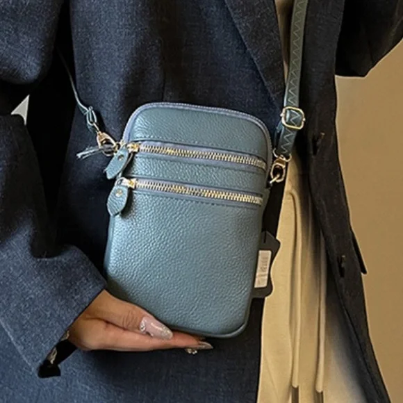 Genuine Leather Crossbody Phone Bag Womens NWT Blue Multi Pocket Travel - Picture 5 of 6